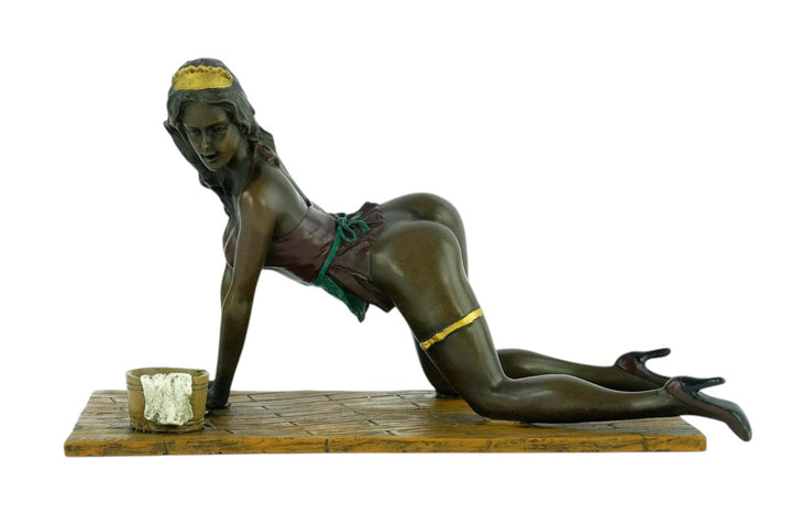 Erotic bronze sculpture of a female scrubbing the floor