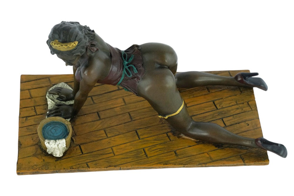 Erotic bronze sculpture of a female scrubbing the floor