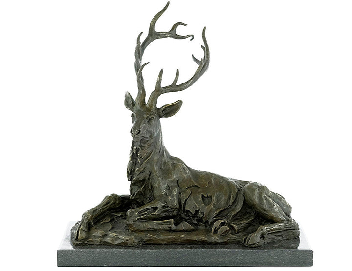 Large bronze sculpture of a reclining deer