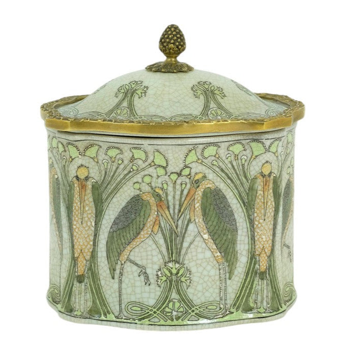 Bronze mounted porcelain box with floral decoration and storks
