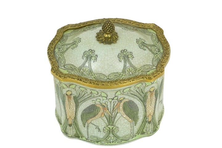 Bronze mounted porcelain box with floral decoration and storks