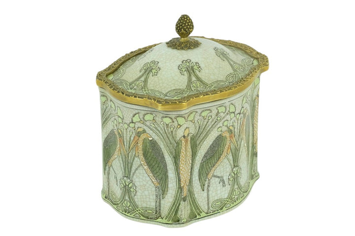 Bronze mounted porcelain box with floral decoration and storks