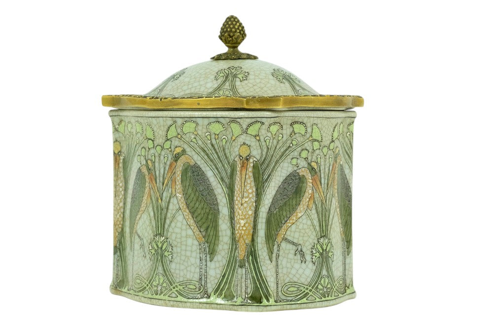 Bronze mounted porcelain box with floral decoration and storks