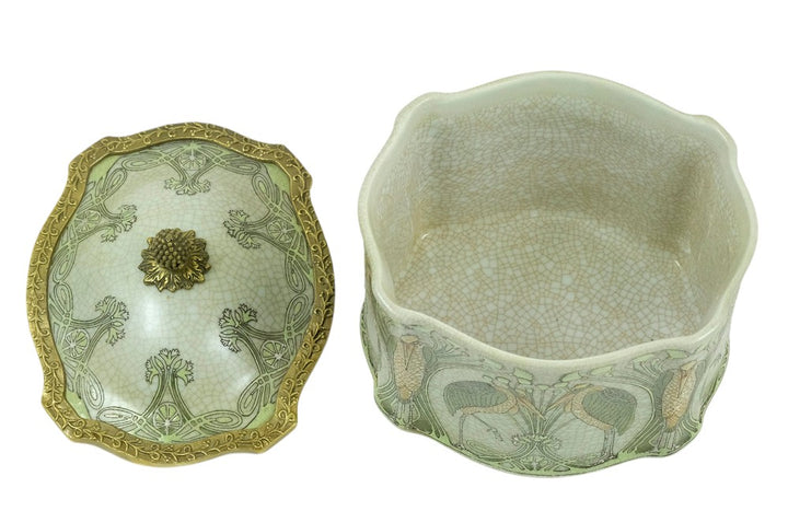 Bronze mounted porcelain box with floral decoration and storks