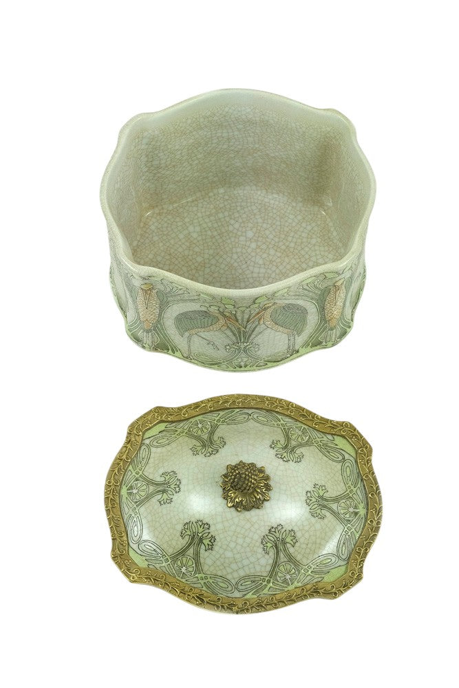 Bronze mounted porcelain box with floral decoration and storks