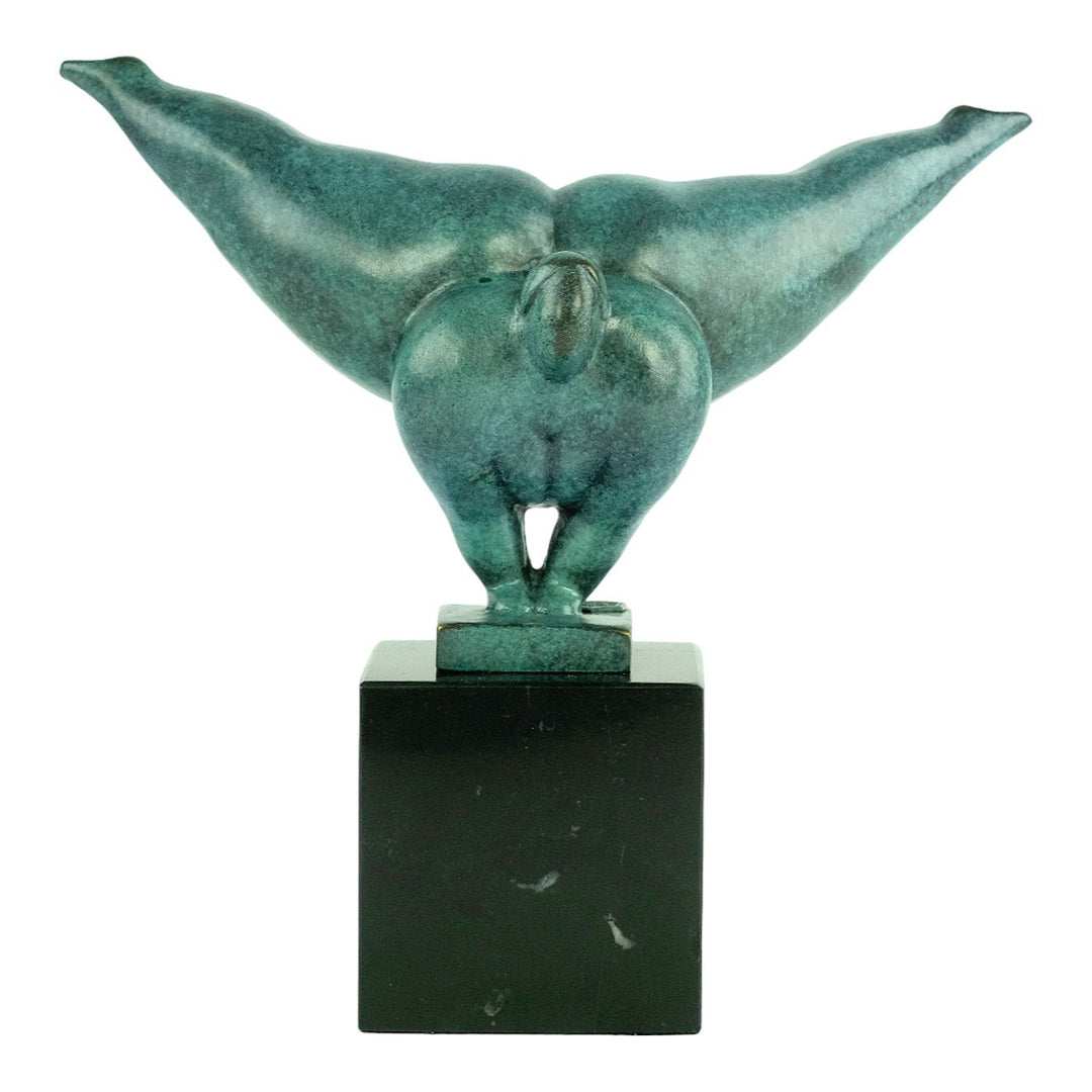Modern bronze sculpture of a voluptuous female doing a handstand - green patina