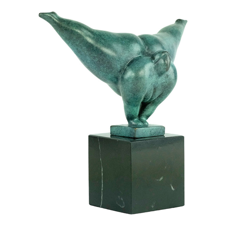 Modern bronze sculpture of a voluptuous female doing a handstand - green patina