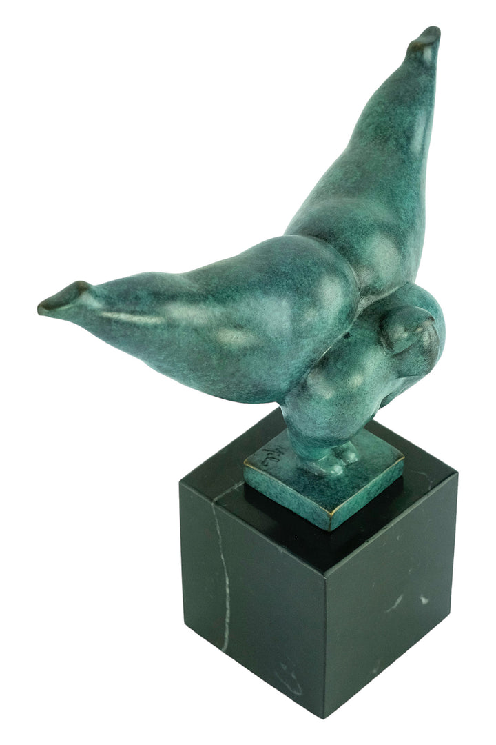 Modern bronze sculpture of a voluptuous female doing a handstand - green patina