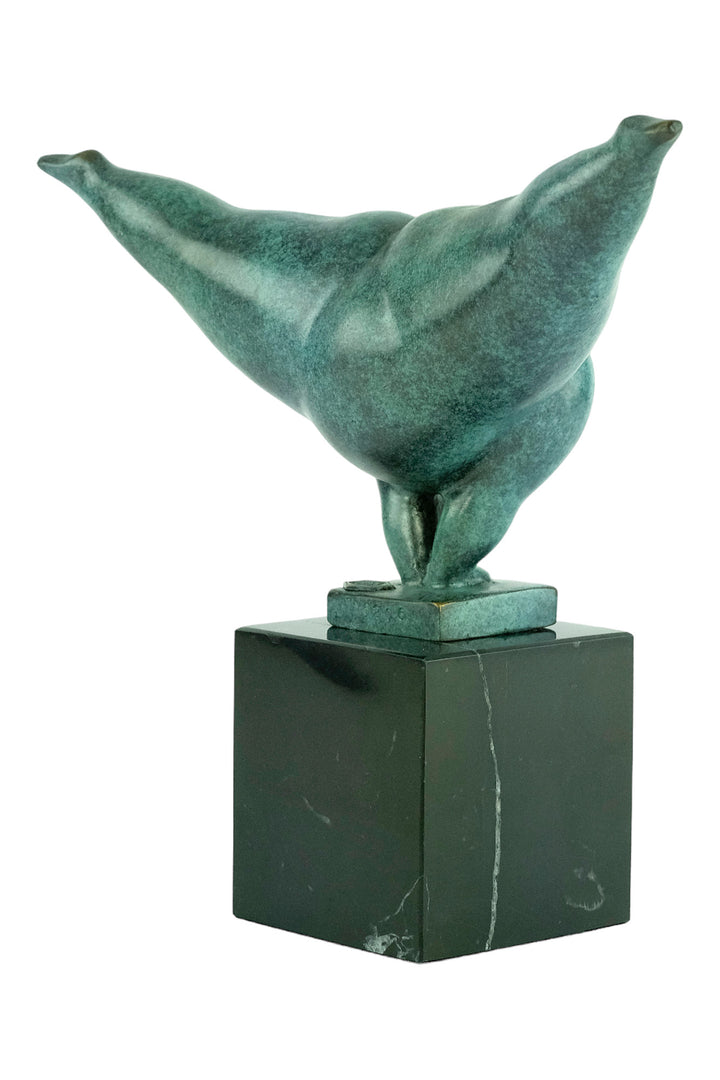 Modern bronze sculpture of a voluptuous female doing a handstand - green patina