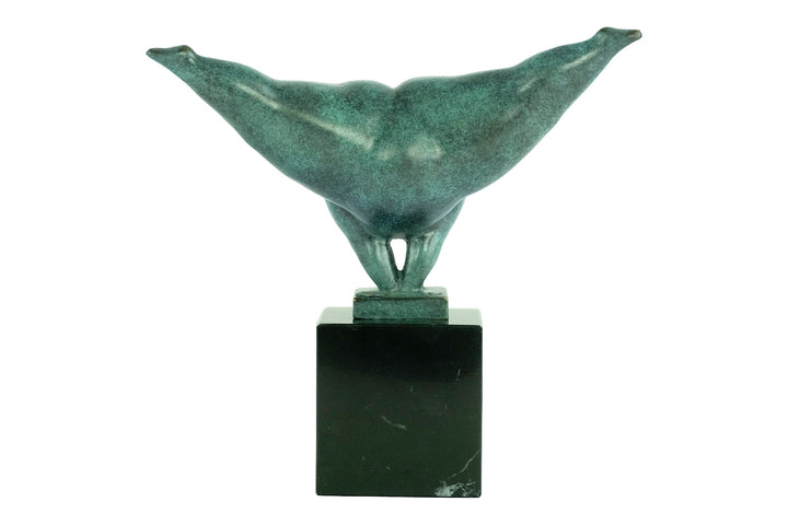 Modern bronze sculpture of a voluptuous female doing a handstand - green patina