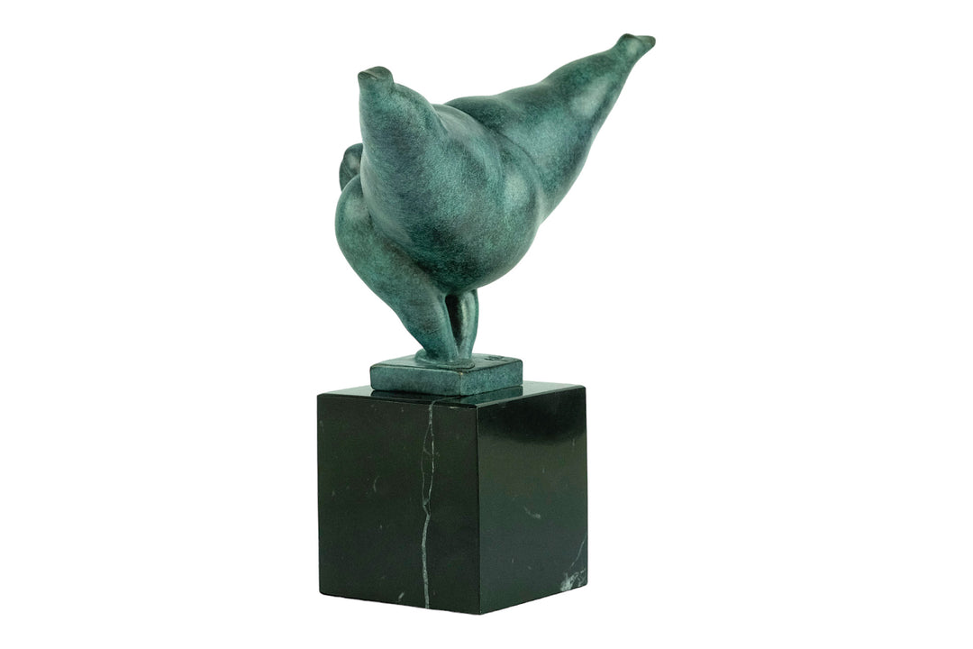 Modern bronze sculpture of a voluptuous female doing a handstand - green patina