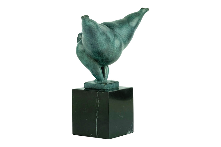 Modern bronze sculpture of a voluptuous female doing a handstand - green patina