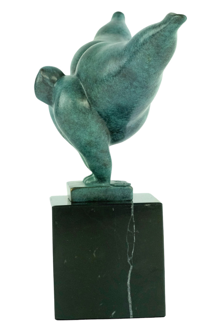 Modern bronze sculpture of a voluptuous female doing a handstand - green patina