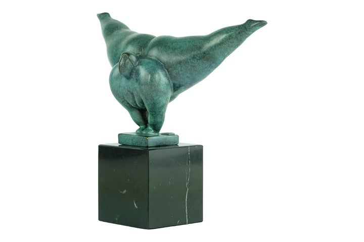 Modern bronze sculpture of a voluptuous female doing a handstand - green patina