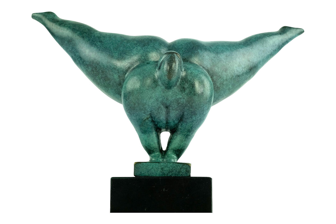 Modern bronze sculpture of a voluptuous female doing a handstand - green patina