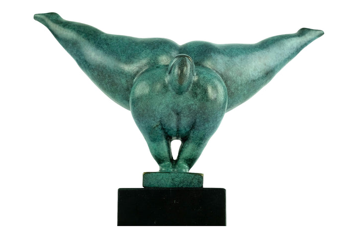 Modern bronze sculpture of a voluptuous female doing a handstand - green patina