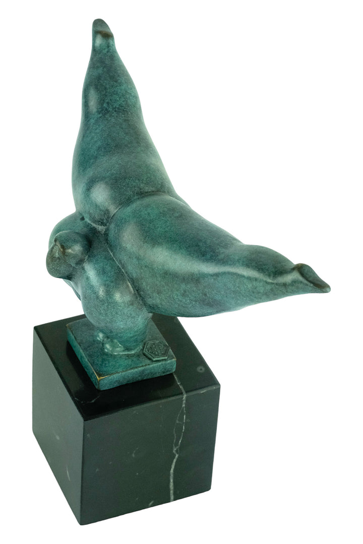 Modern bronze sculpture of a voluptuous female doing a handstand - green patina