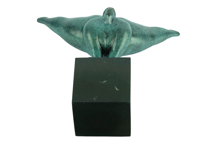 Modern bronze sculpture of a voluptuous female doing a handstand - green patina