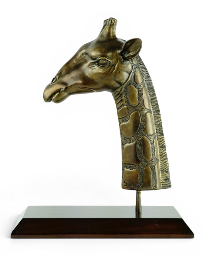 Luxurious bronze sculpture of a giraffe head on mahogany wooden base