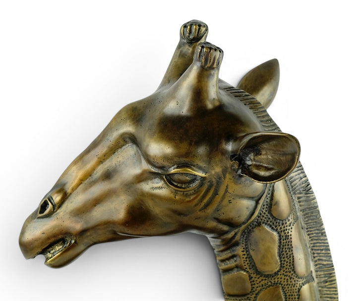 Luxurious bronze sculpture of a giraffe head on mahogany wooden base
