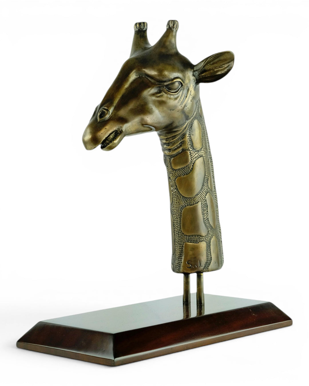 Luxurious bronze sculpture of a giraffe head on mahogany wooden base