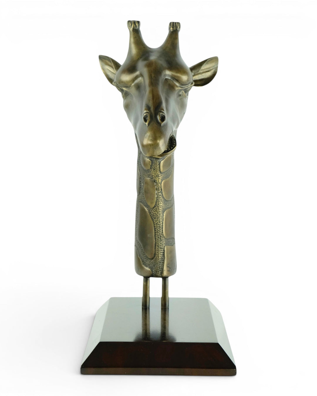 Luxurious bronze sculpture of a giraffe head on mahogany wooden base