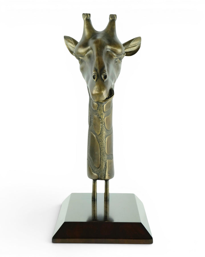 Luxurious bronze sculpture of a giraffe head on mahogany wooden base