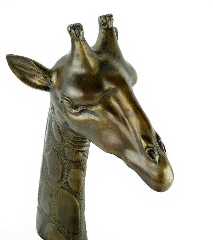 Luxurious bronze sculpture of a giraffe head on mahogany wooden base