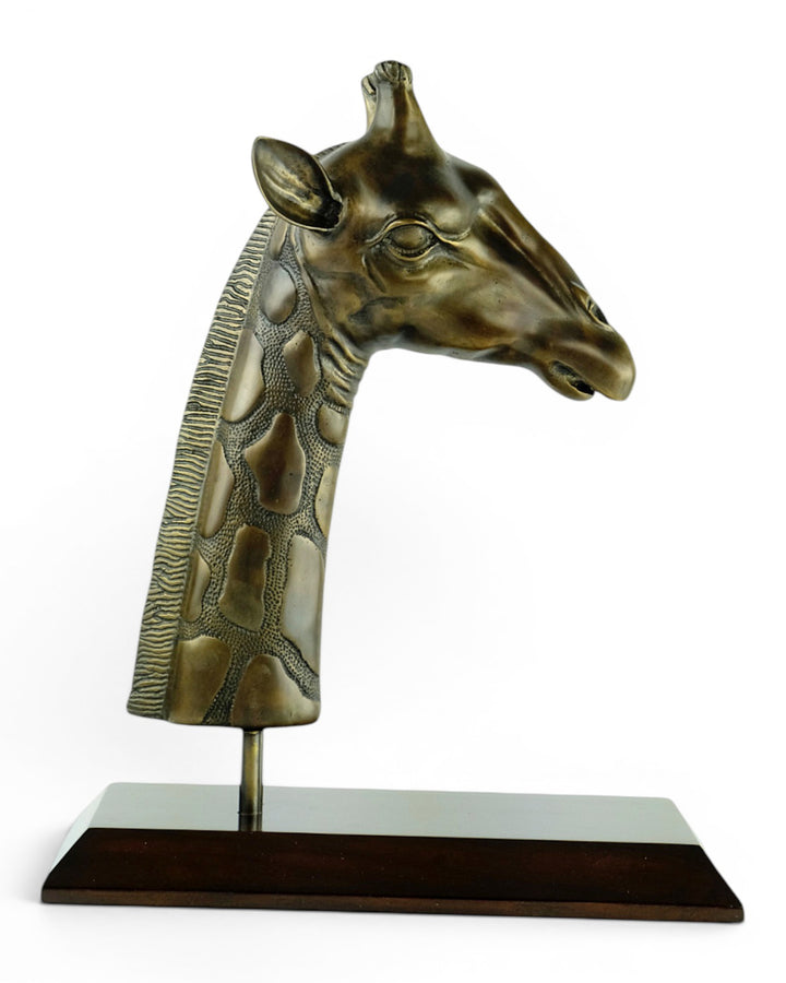 Luxurious bronze sculpture of a giraffe head on mahogany wooden base