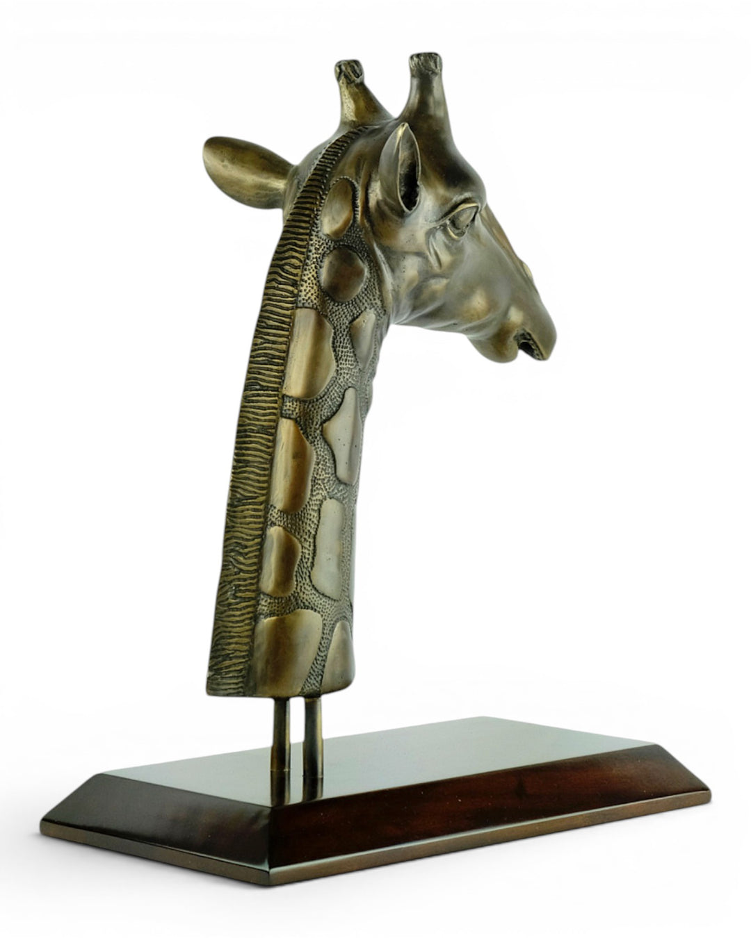 Luxurious bronze sculpture of a giraffe head on mahogany wooden base