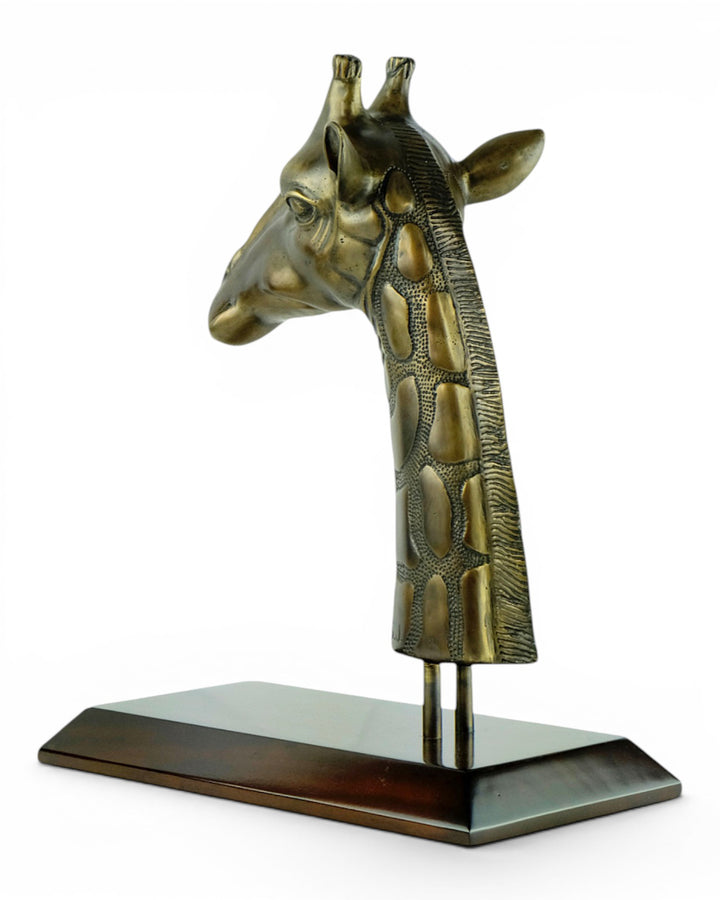 Luxurious bronze sculpture of a giraffe head on mahogany wooden base