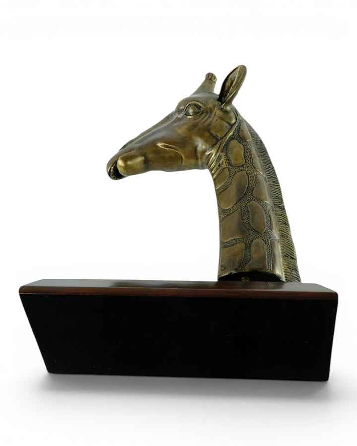 Luxurious bronze sculpture of a giraffe head on mahogany wooden base