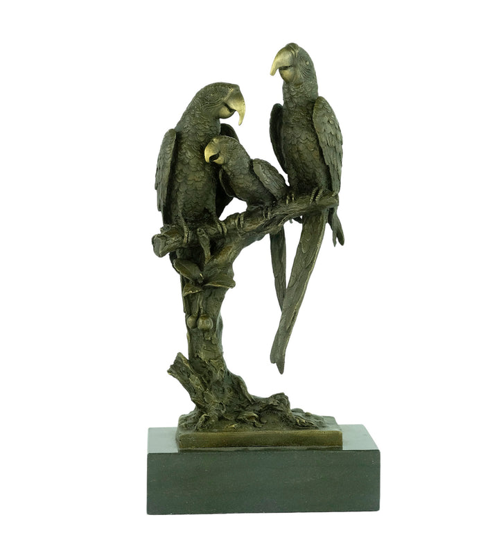 Bronze sculpture of three parrot sitting on a branch