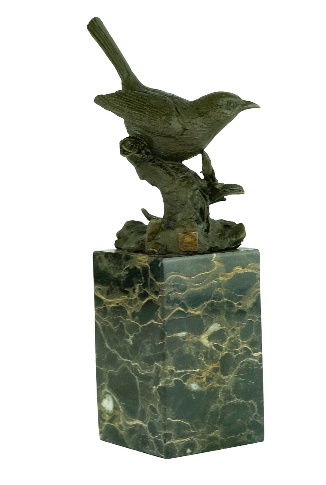 Bronze sculpture of a warbler bird sitting on a branch