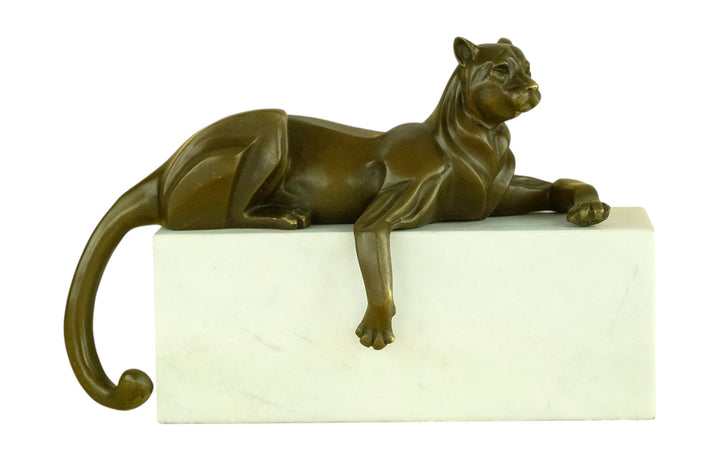 Bronze sculpture of a cubist style panther lying on a white marble base