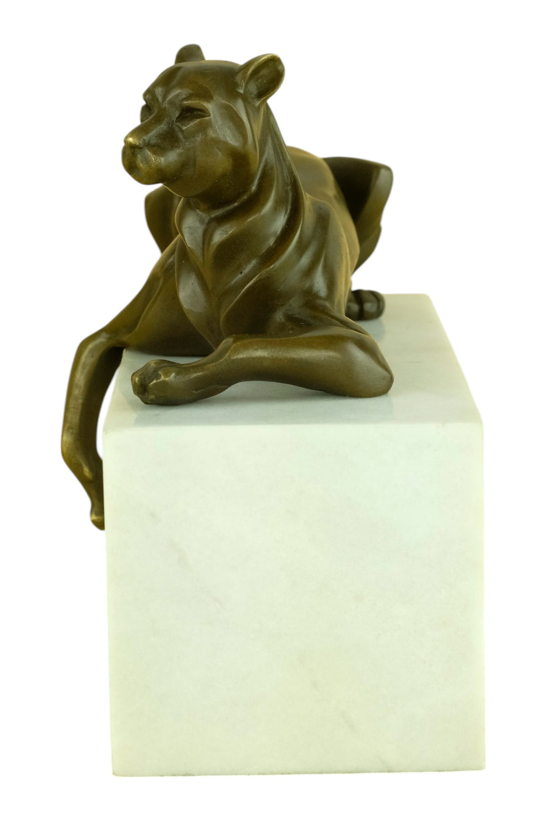 Bronze sculpture of a cubist style panther lying on a white marble base
