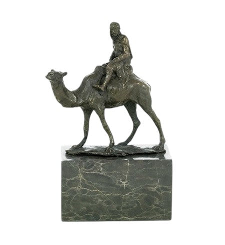 Bronze sculpture of a camel with bedouin rider