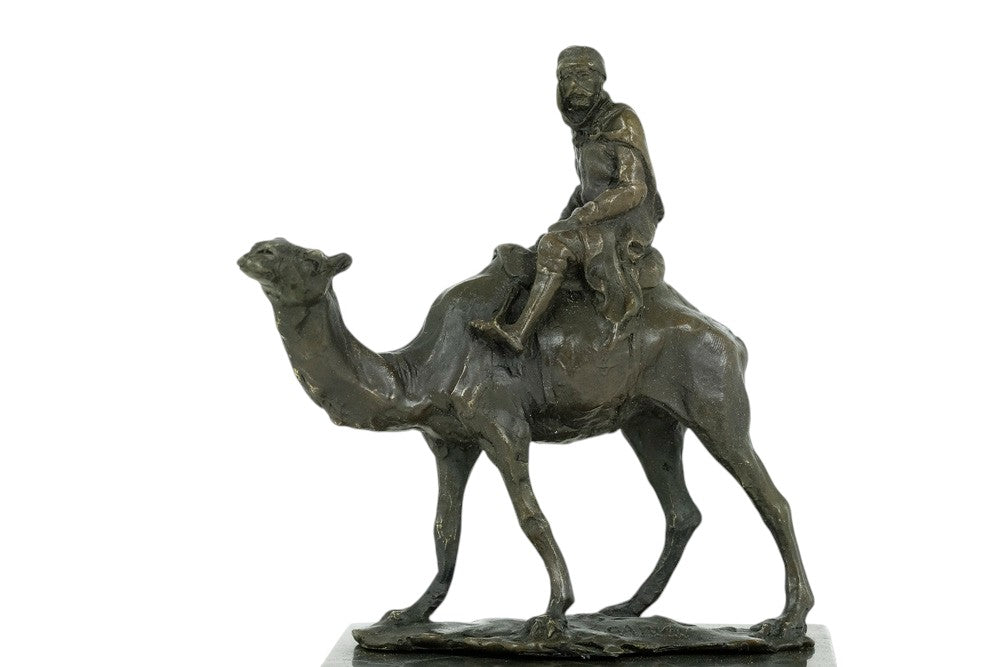 Bronze sculpture of a camel with bedouin rider