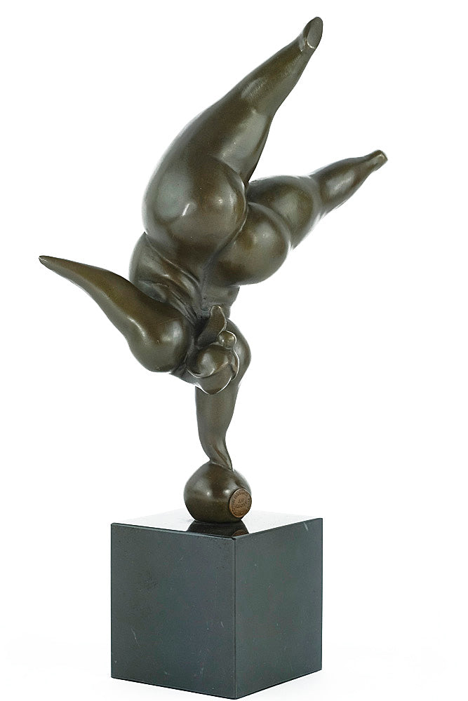 Modern bronze sculpture of a voluptuous female in handstand