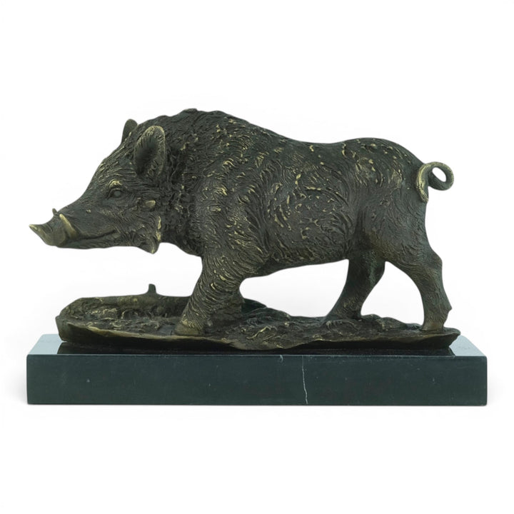 Bronze sculpture of a wild boar on a marble plateau