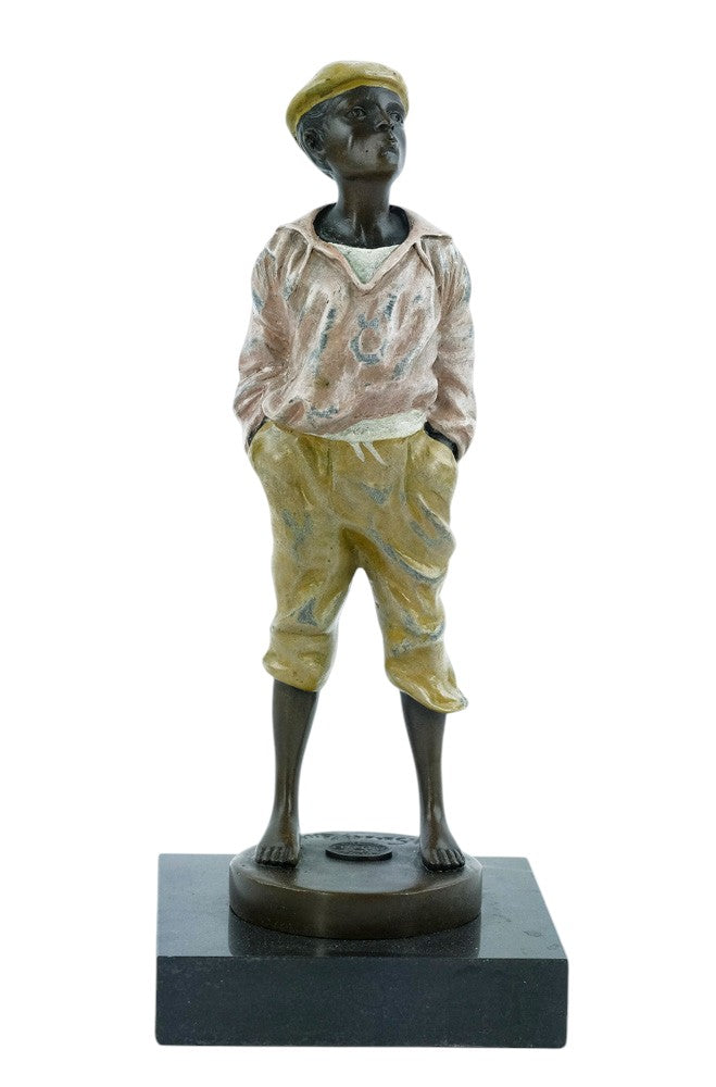 Bronze sculpture of a young street boy whistling