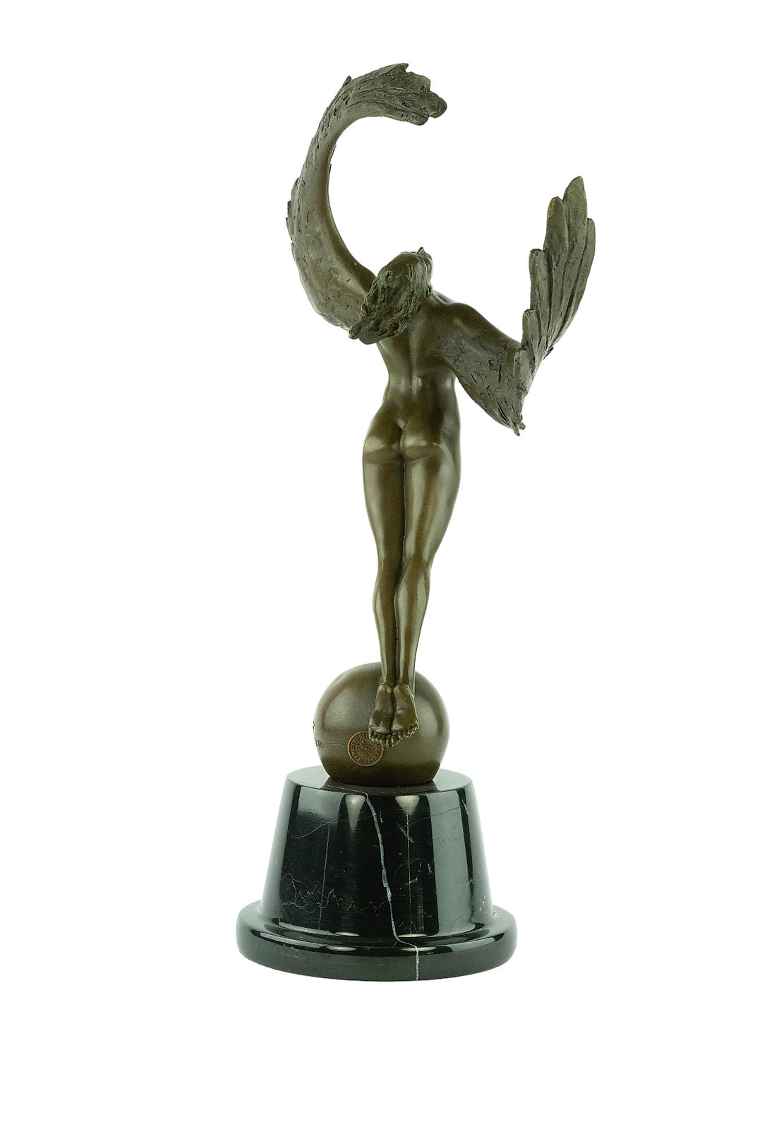 Bronze sculpture of a winged female in rising motion