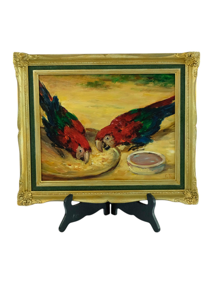 Een olieverfschilderij van papegaaien door Claude Firmin