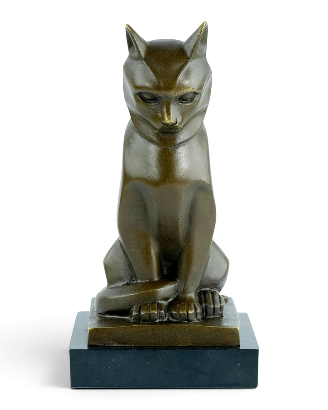 Bronze sculpture of a sitting cat in cubist style