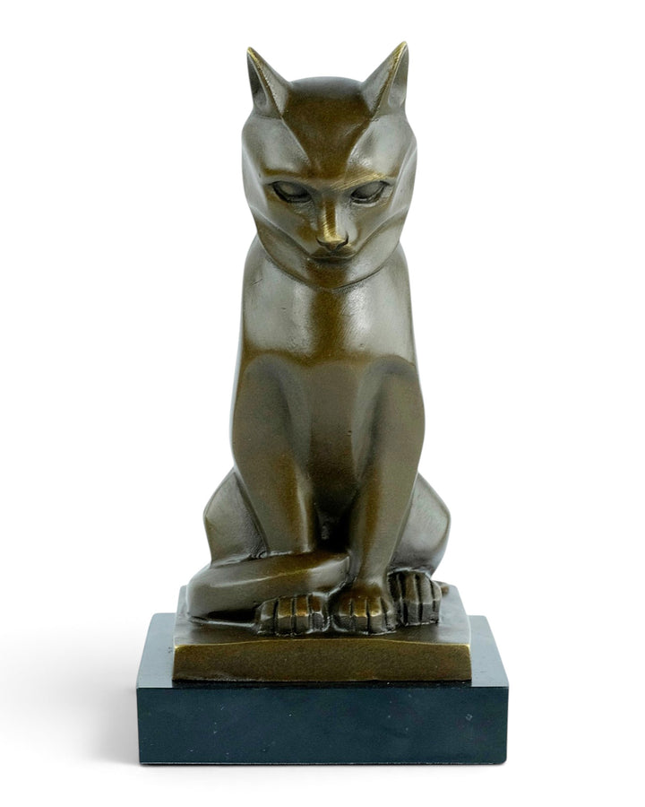 Bronze sculpture of a sitting cat in cubist style