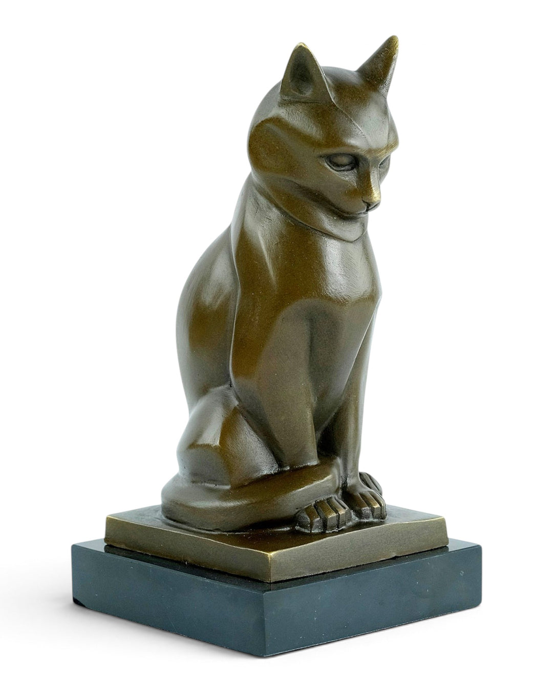Bronze sculpture of a sitting cat in cubist style
