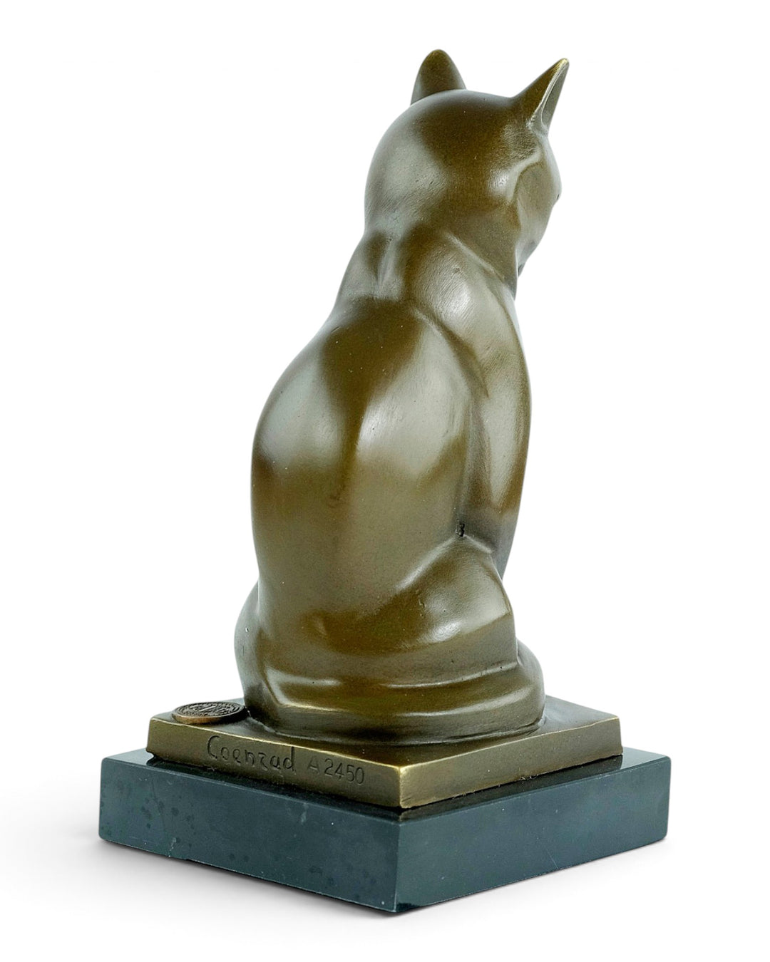 Bronze sculpture of a sitting cat in cubist style