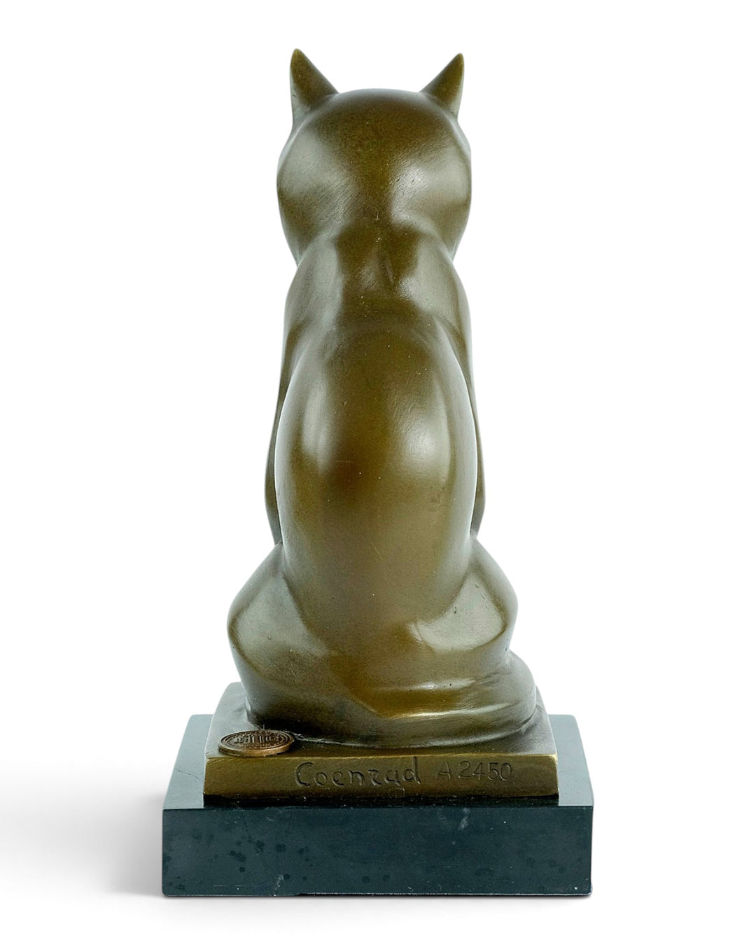 Bronze sculpture of a sitting cat in cubist style