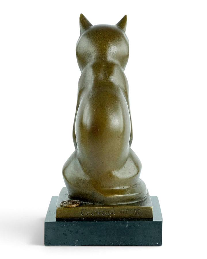 Bronze sculpture of a sitting cat in cubist style