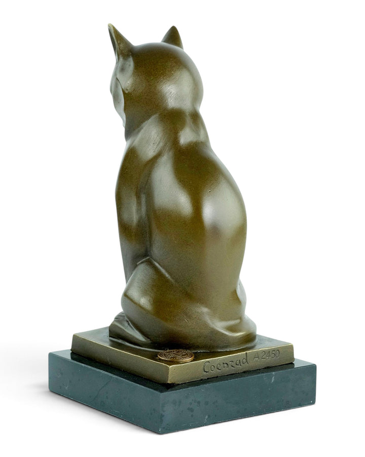 Bronze sculpture of a sitting cat in cubist style